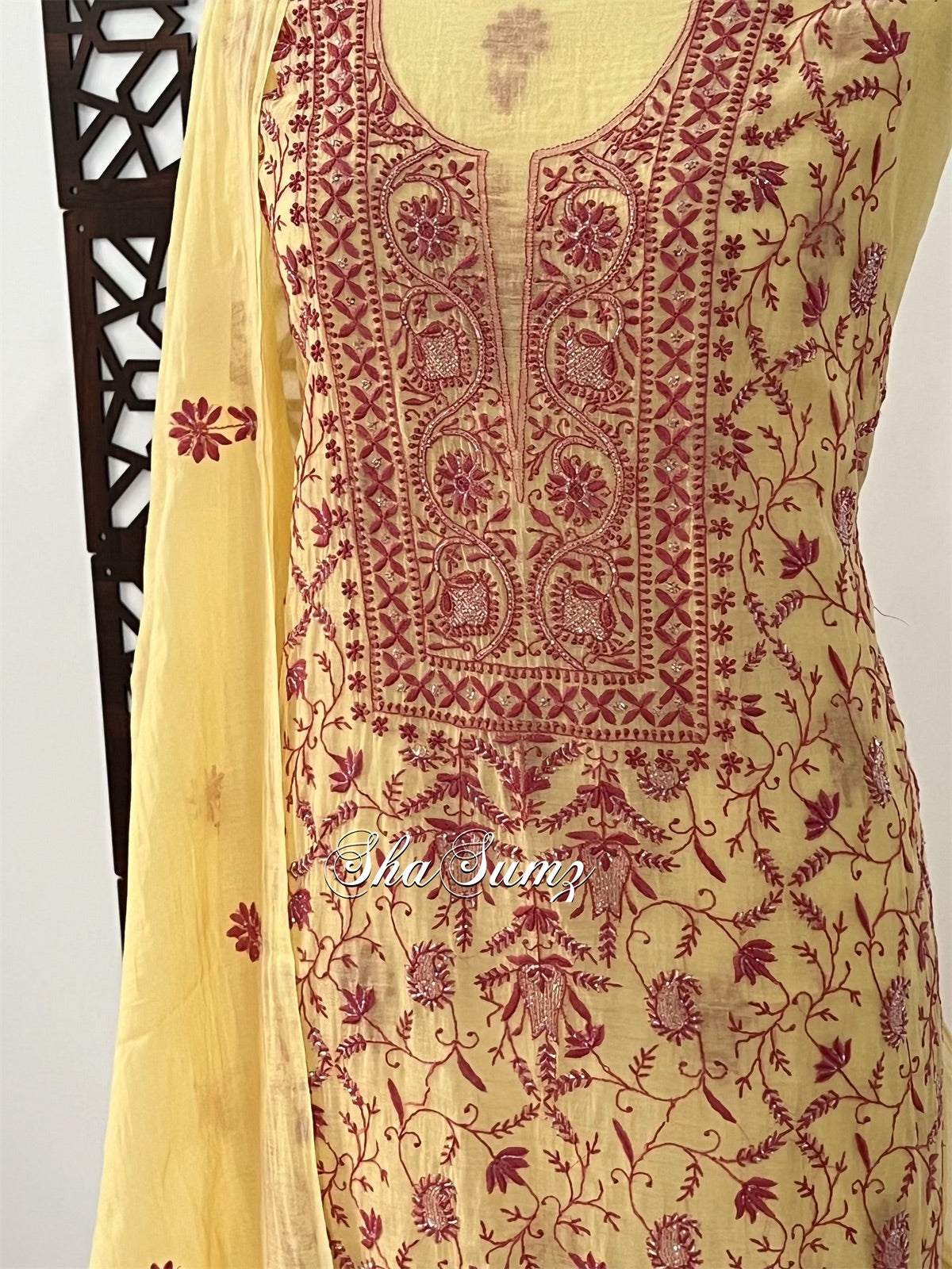 Light Mango Yellow Suit with Red Chikankari