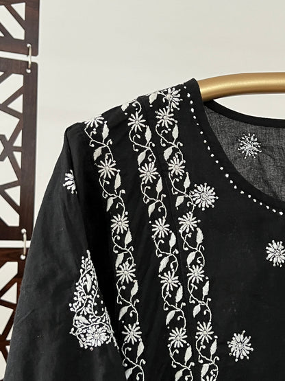 Black Cotton Kalidar with White Do Taar Chikankari & Kamdani