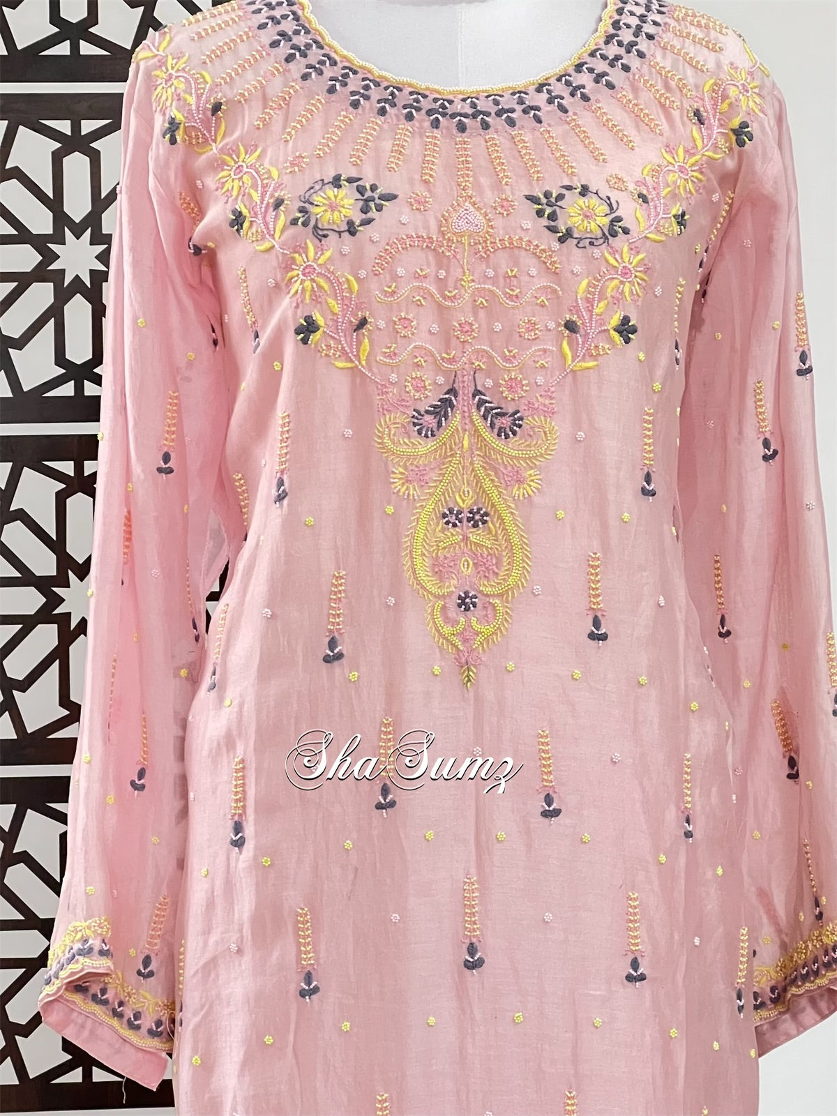 Blush Pink Chanderi Silk Kurta with Chikankari & Pearls