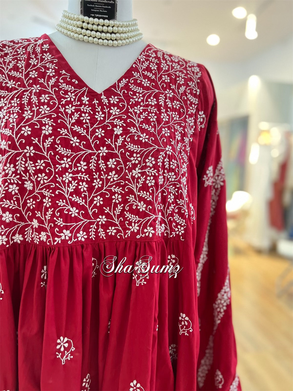 Scarlet Red Cotton Chikankari Kalidar Kurti