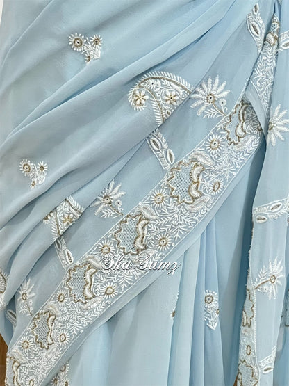 Powder Blue Saree with Chikankari & Embellishments