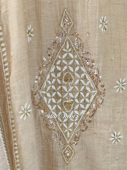 Pure Tissue Chanderi Anarkali with Chikankari & Mukaish Haath Jaali.