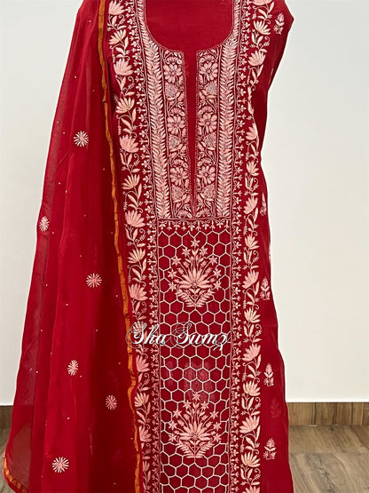 Ruby Red Chikankari & embellishments Mul Chanderi Suit