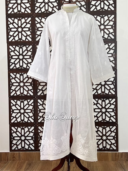 White Cotton Long Jacket with Chikankari