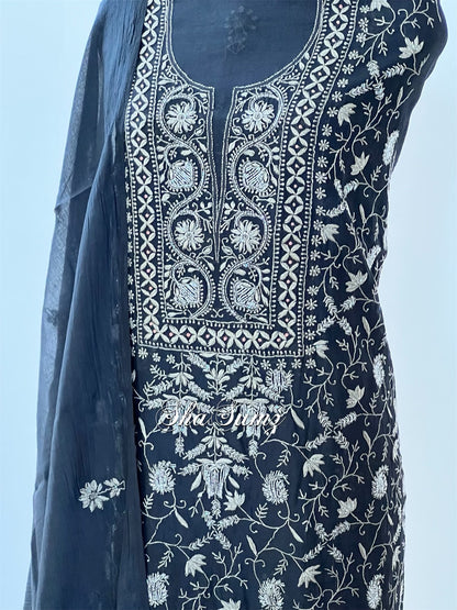 Black and Grey Chikankari Mul Chanderi Suit