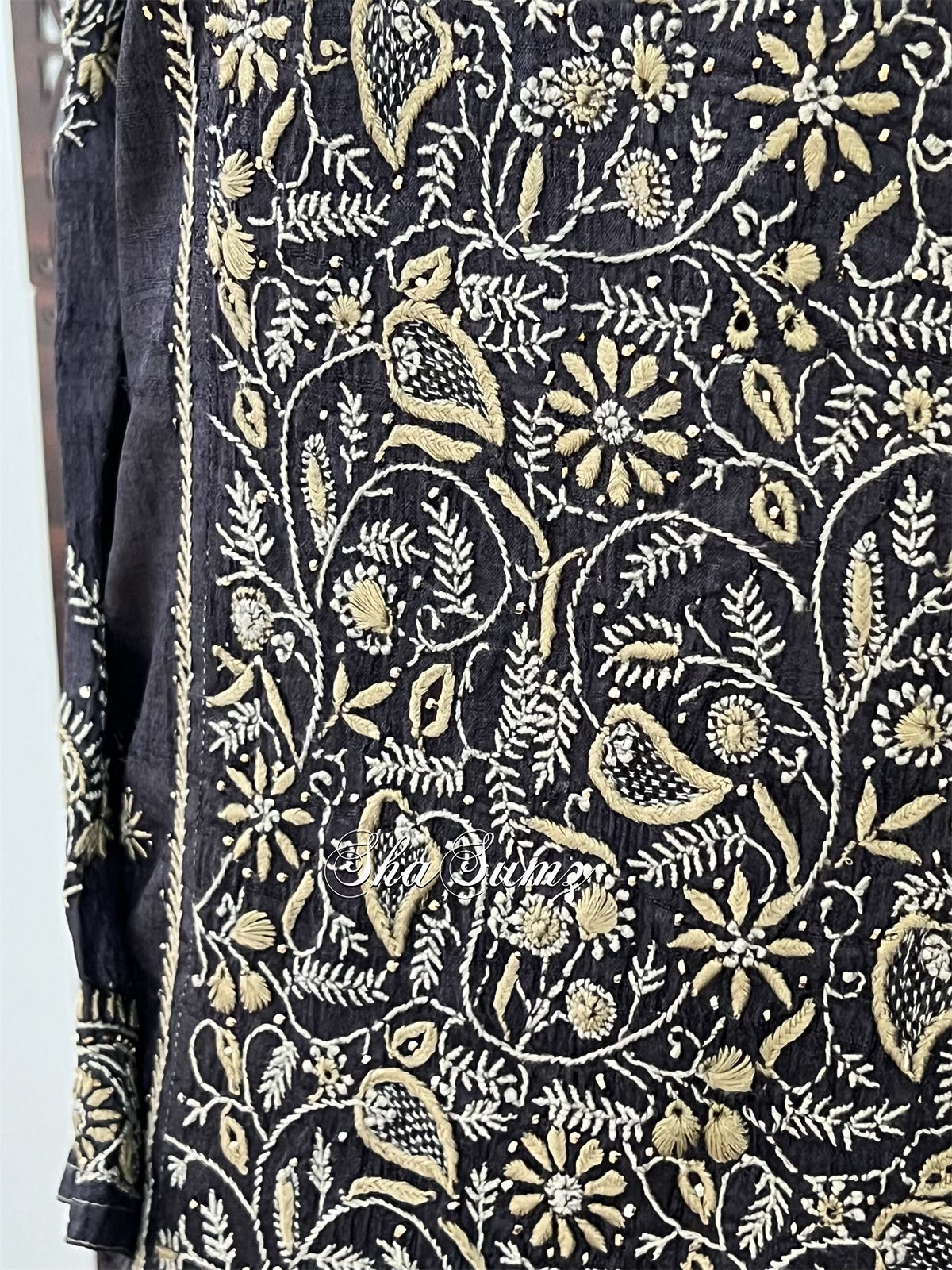 Black Pure Khadi Silk Angarkha with Chikankari & Mukaish