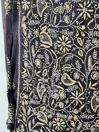 Black Pure Khadi Silk Angarkha with Chikankari & Mukaish