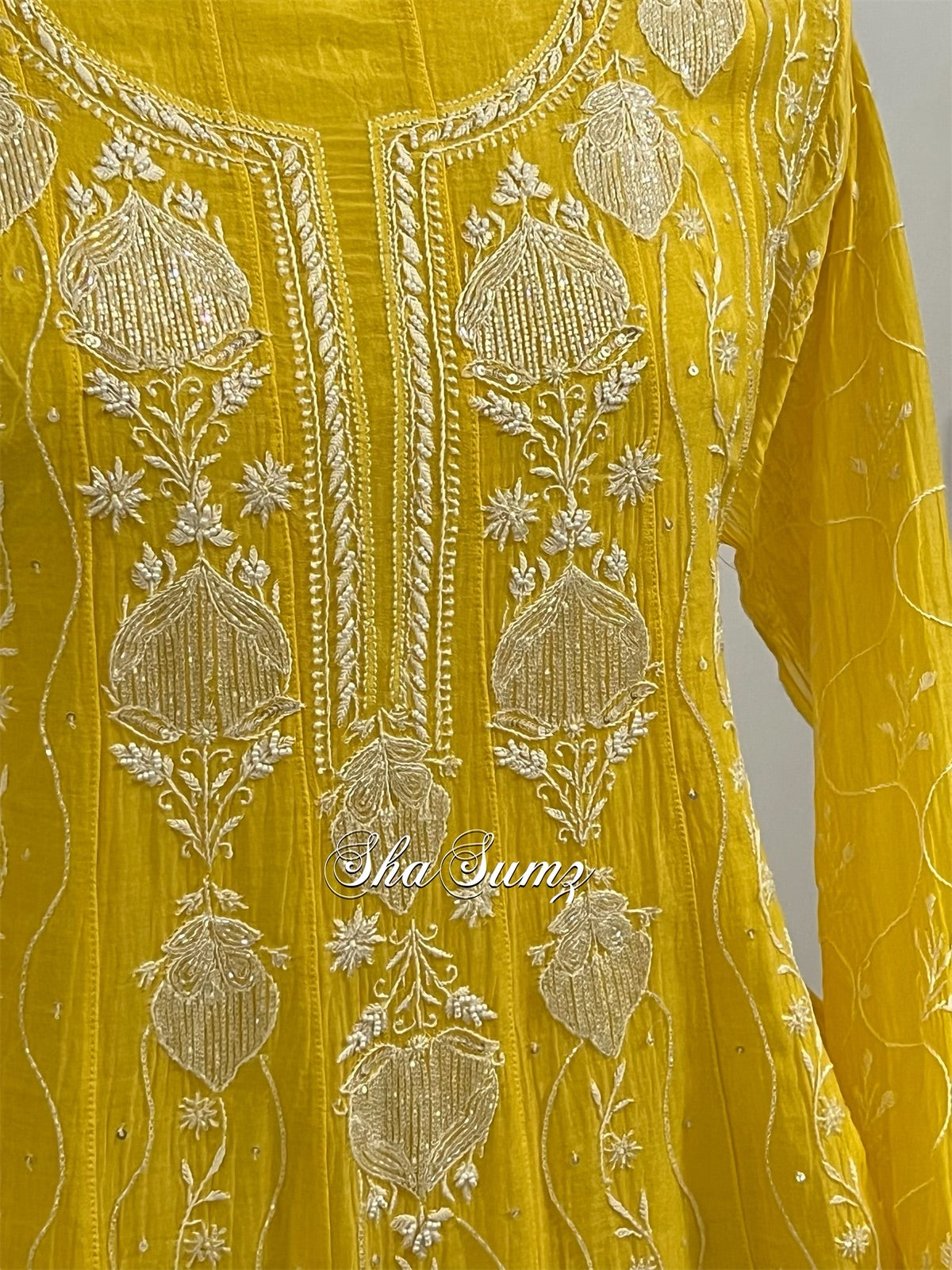 Mango Yellow Anarkali with Chikankari and Embellishments