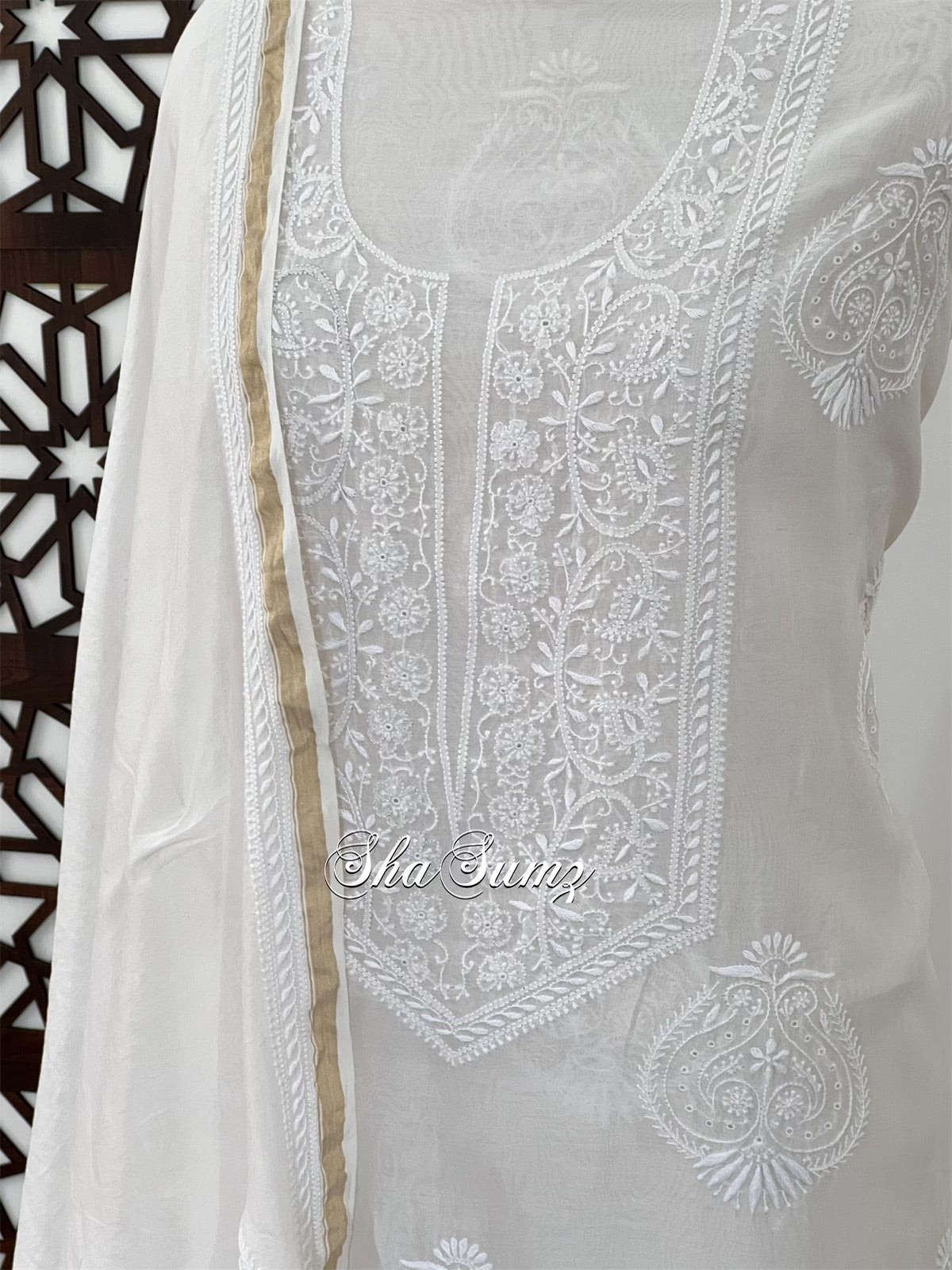 White Pure Chanderi Silk Suit with Do Taar Chikankari