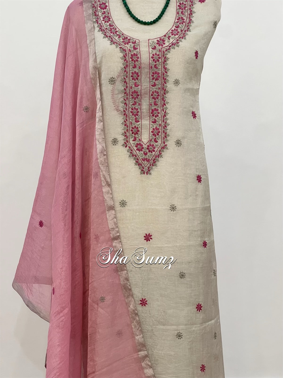 Silver Grey & Pink Tissue Suit with Chikankari