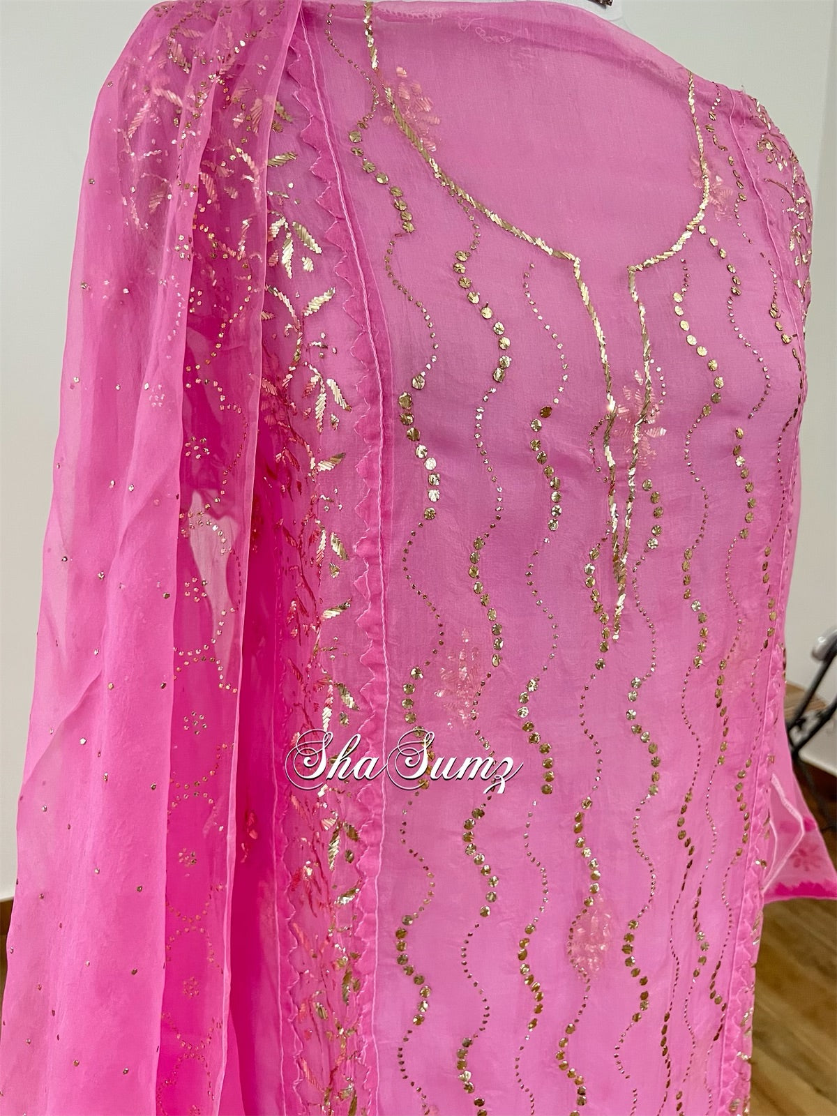 Pink Organza Mukaish Badla Suit