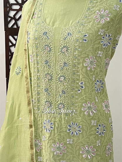 Sage Green Chanderi Suit with Chikankari & Embellishments