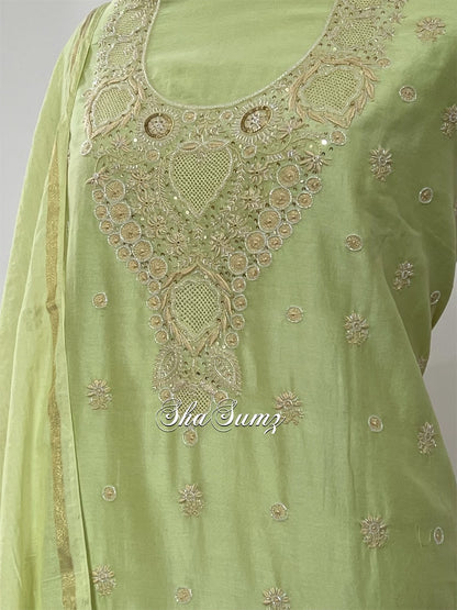 Lime Green Chikankari Chanderi Embellished Suit