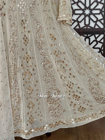 Gold Ivory Anarkali with Badla Mukaish