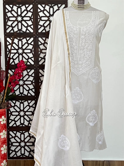 White Pure Chanderi Silk Suit with Do Taar Chikankari