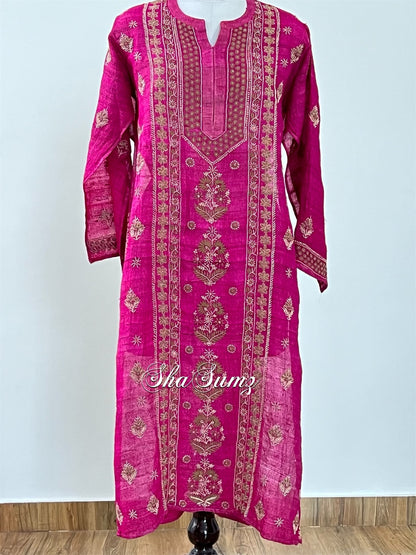 Royal Fuchsia Pink Khadi Silk Chikankari Kurti