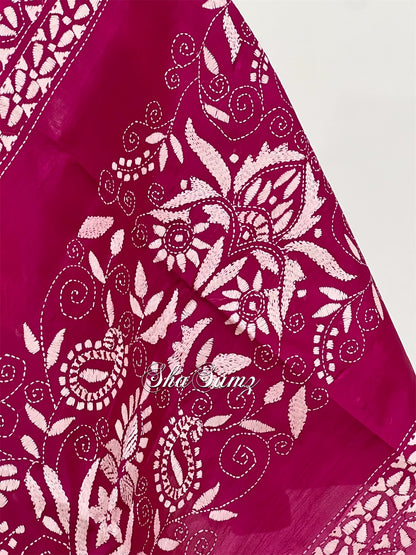 Magenta Pure Silk Stole with Kantha Work