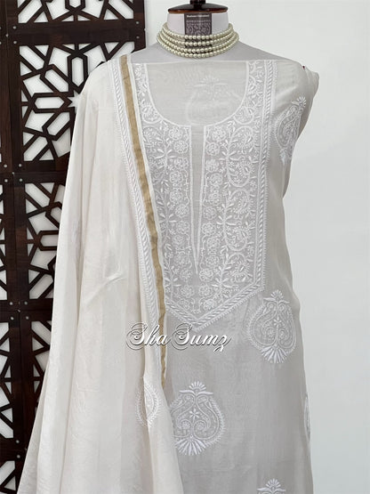 White Pure Chanderi Silk Suit with Do Taar Chikankari