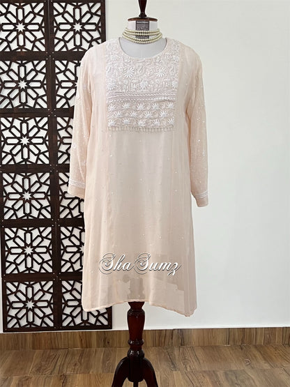 Nude Peach Chikankari & Embellishments Pure Georgette Kurti