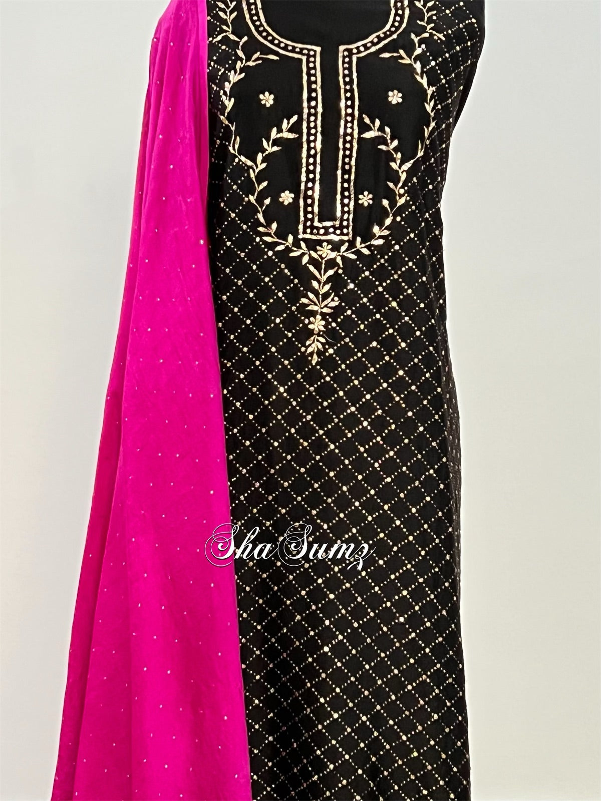 Black & Fuchsia Mukaish Chanderi Silk Suit