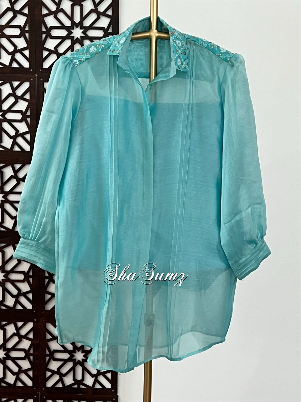 Aqua Blue Chanderi Shirt with Chikankari & Mukaish