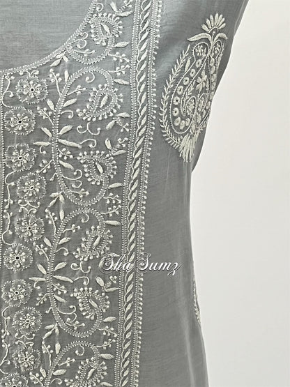 Grey Pure Chanderi Silk Suit with 2 Taar Chikankari