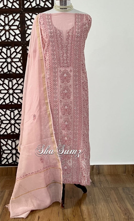 Dusty Rose Pink Mul Chanderi Suit with Chikankari & EmBellishments