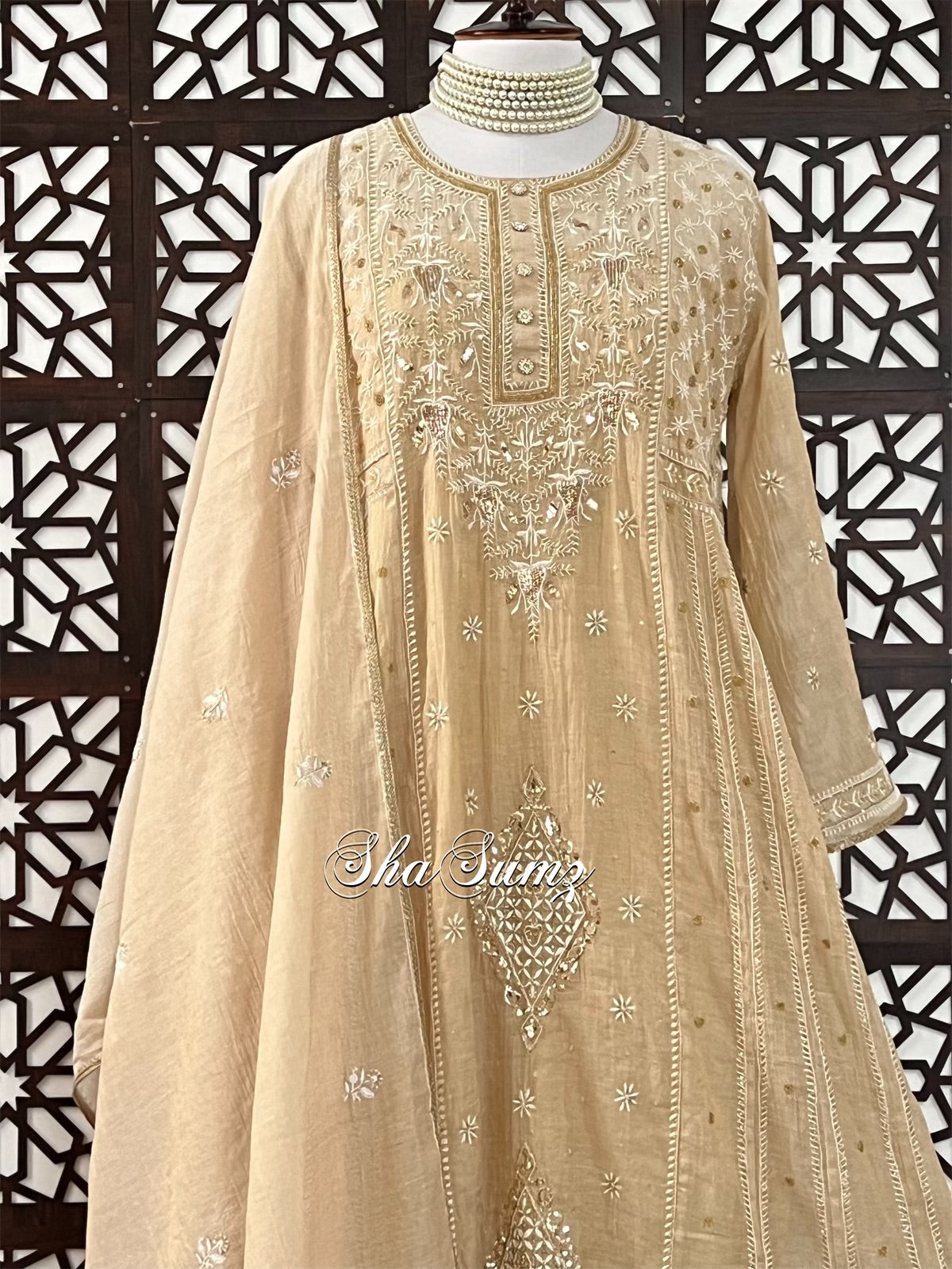 Pure Tissue Chanderi Anarkali with Chikankari & Mukaish Haath Jaali.