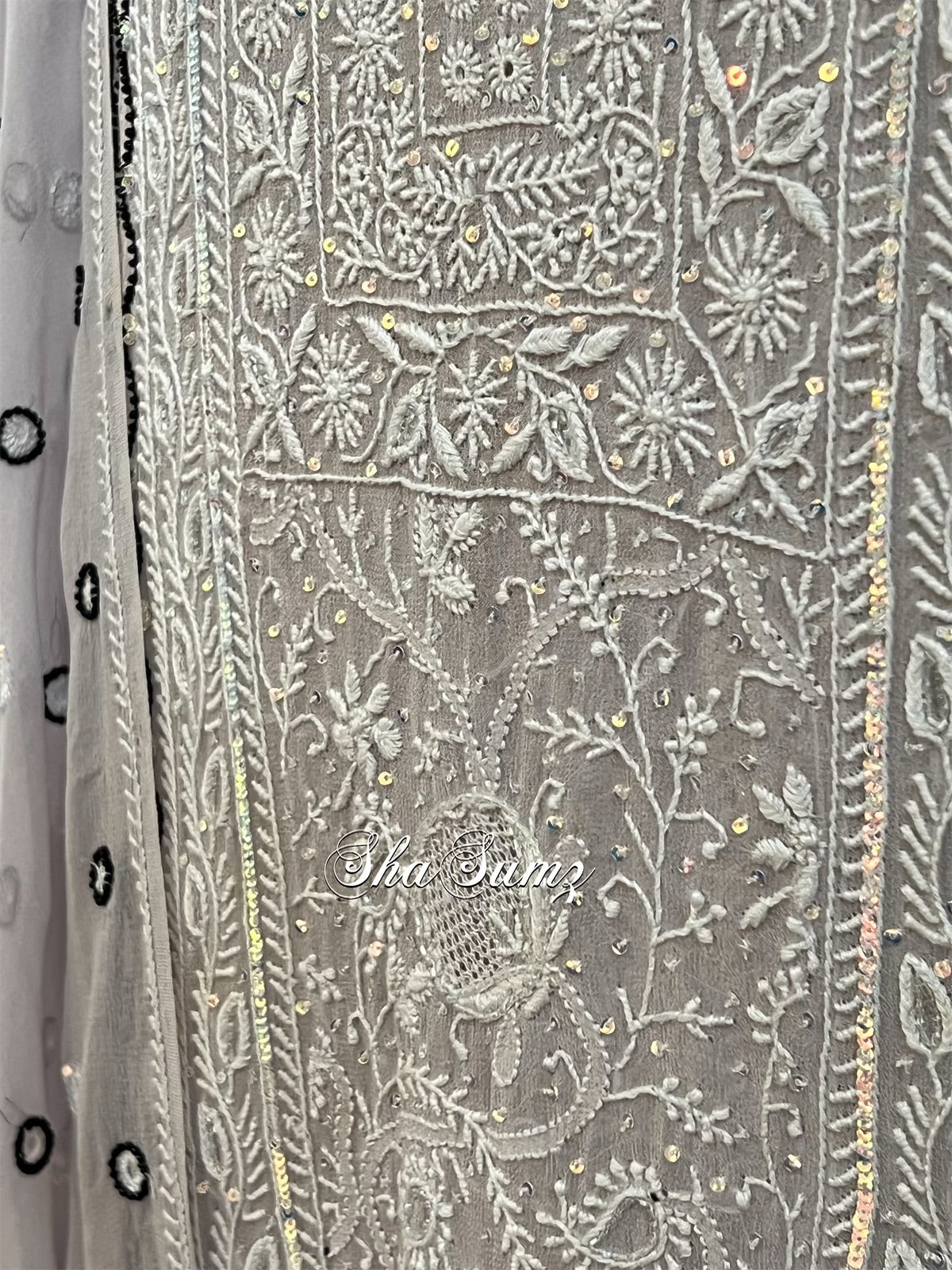 Silver Grey Do Taar Chikankari Suit with Embellishments on Pure Georgette