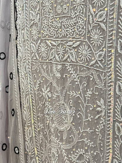 Silver Grey Do Taar Chikankari Suit with Embellishments on Pure Georgette