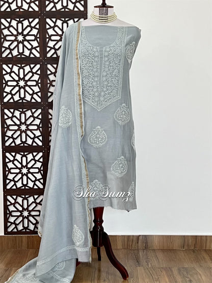 Grey Pure Chanderi Silk Suit with 2 Taar Chikankari