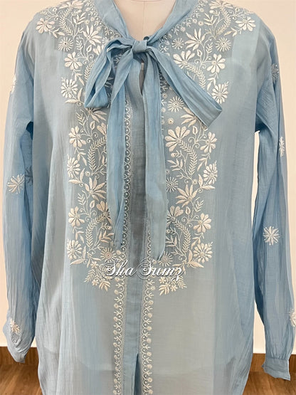 Powder Blue Mul Chanderi Chikankari Shirt