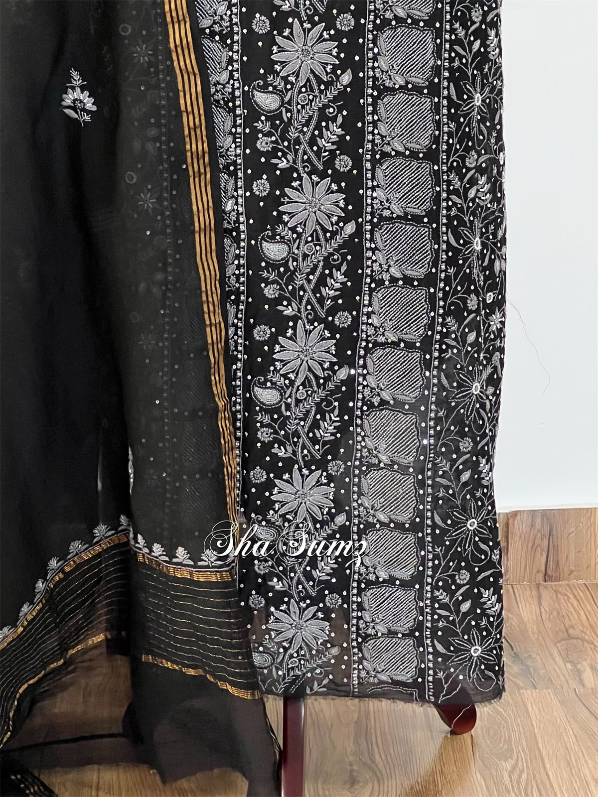 Black Mul Chanderi Suit with Grey Chikankari & Embellishments