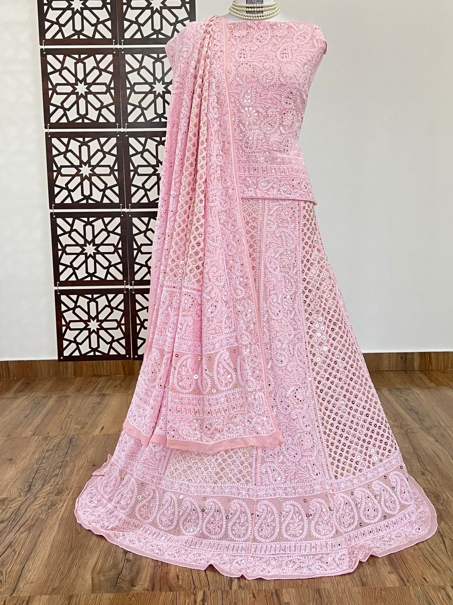 Pink Chikankari & Mukaish Lehenga Set