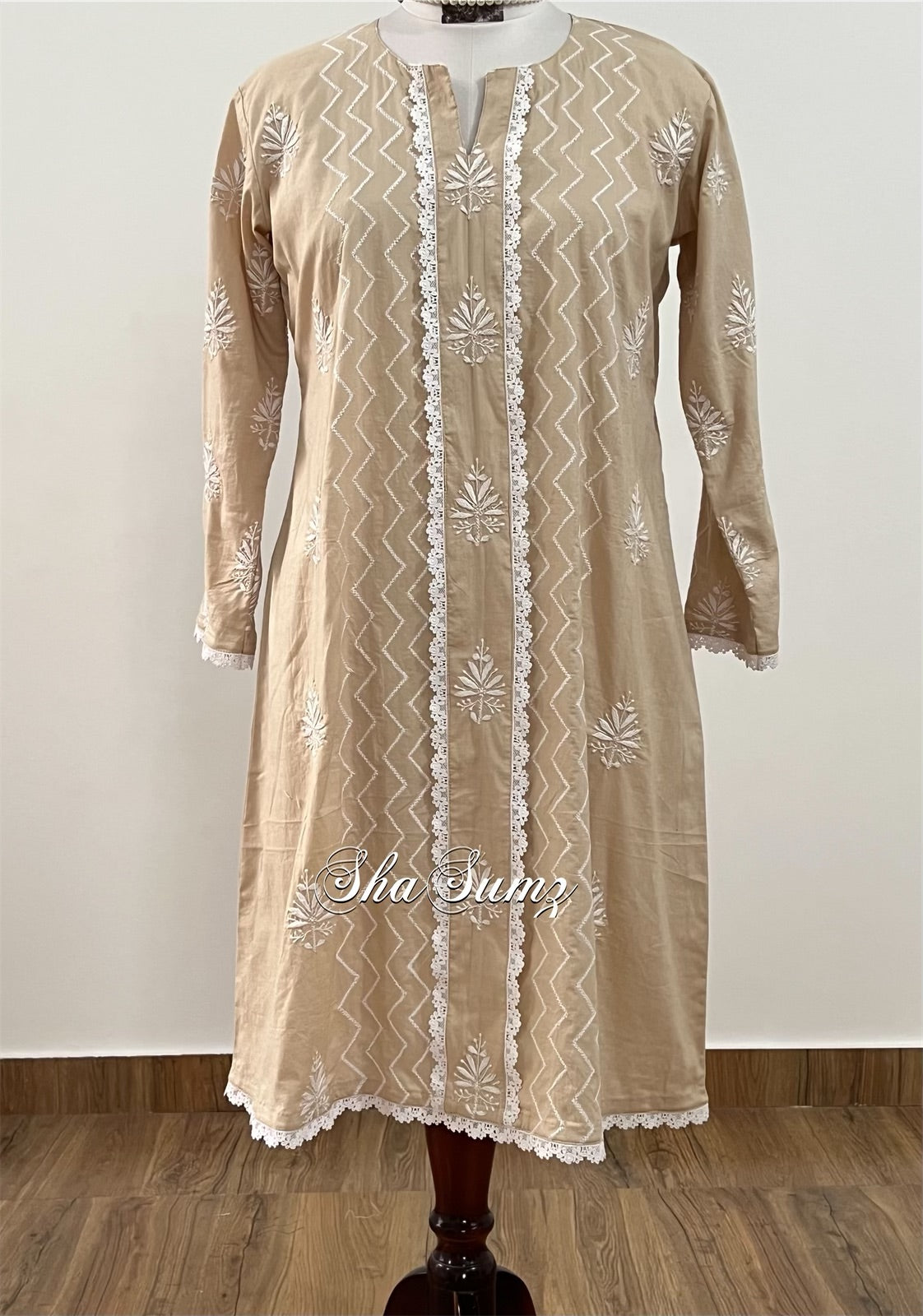 Beige Cotton Chikankari Kurti