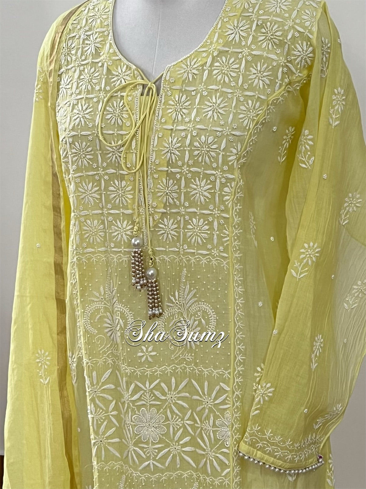 Lemon Yellow Mul Chanderi Chikankari & embellishments Suit