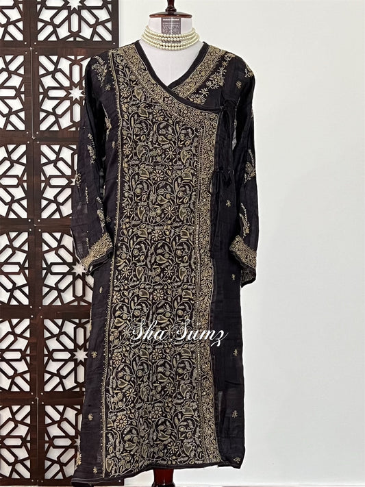 Black Pure Khadi Silk Angarkha with Chikankari & Mukaish