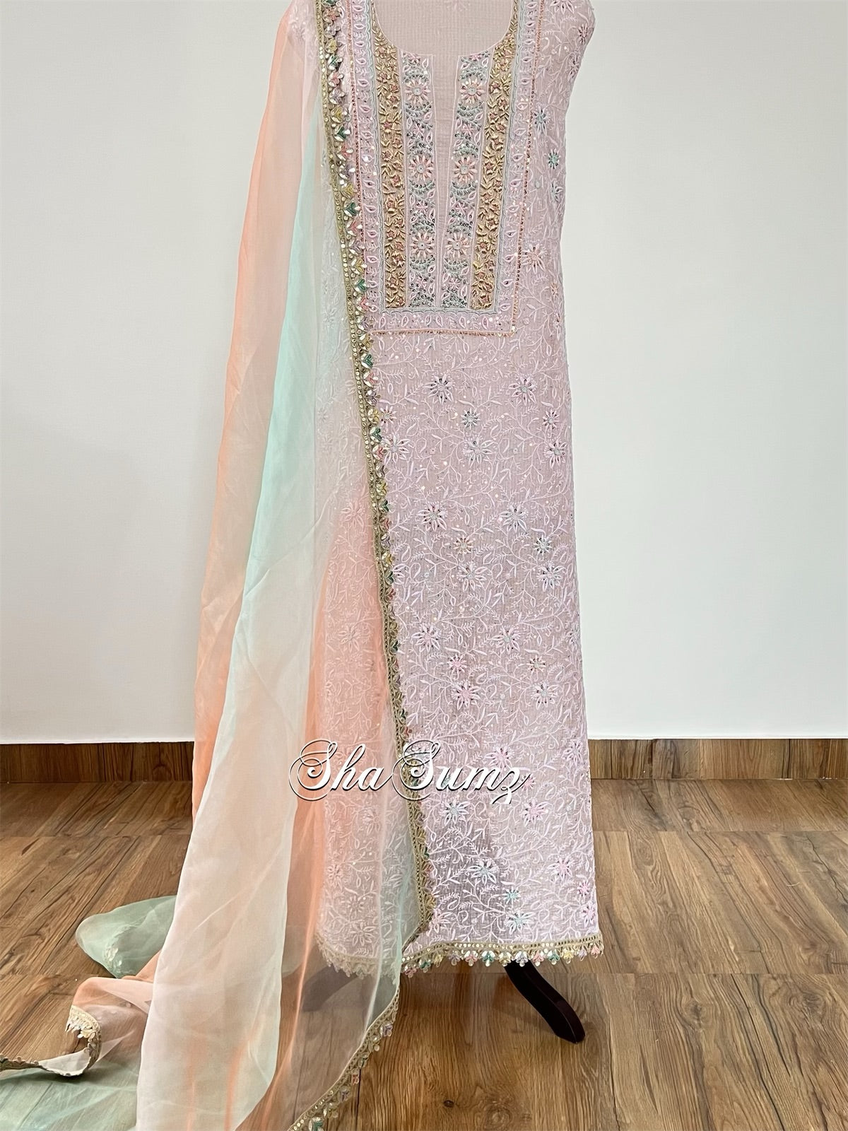 Powder Pink Silk Chikankari & Zardozi Suit