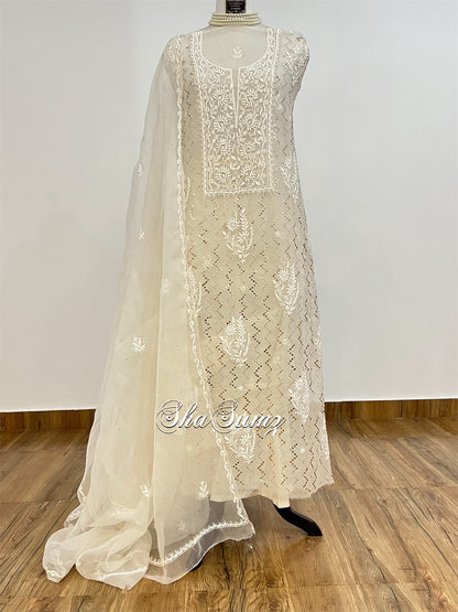 Ivory Organza Suit with Chikankari & Mukaish