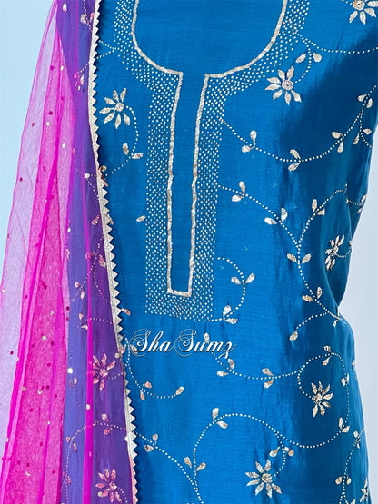 Peacock Blue Badla Mukaish Chanderi Suit