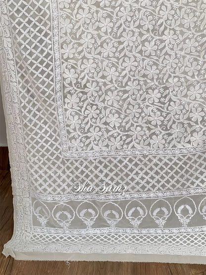 White Pure Georgette Dupatta with Chikankari