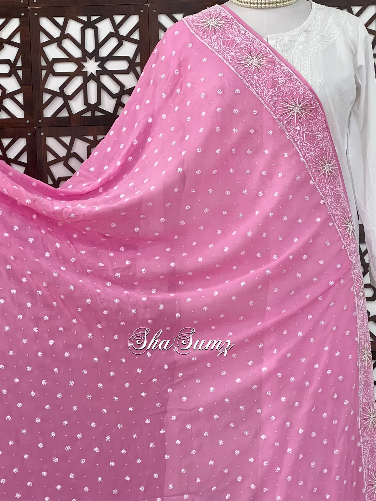 English Rose Pure Georgette Dupatta with Chikankari & Embellishments