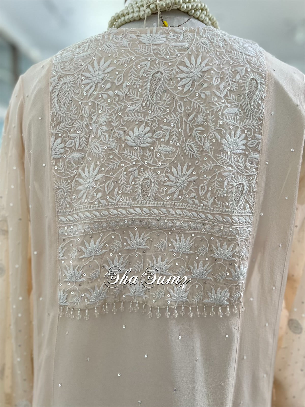 Nude Peach Chikankari & Embellishments Pure Georgette Kurti