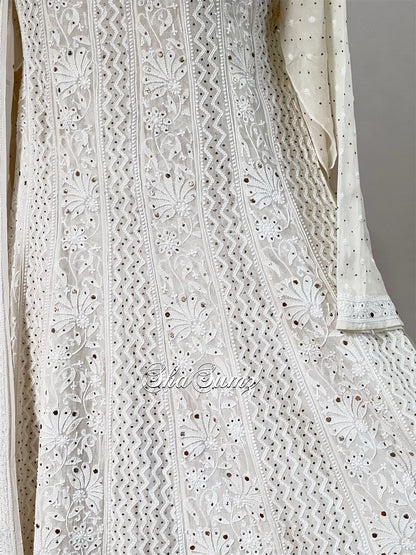 Ivory Gold Anarkali with Chikankari & Mukaish