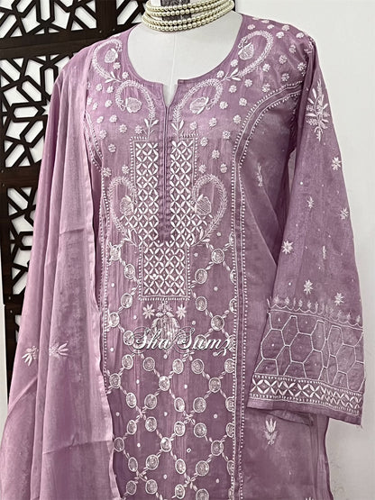 Glossy Lavender Tissue Chanderi Suit with Chikankari & Embellishments