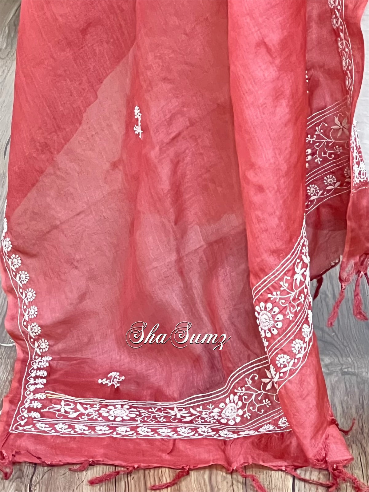 Beige & Rust Muga Silk Chikankari Suit