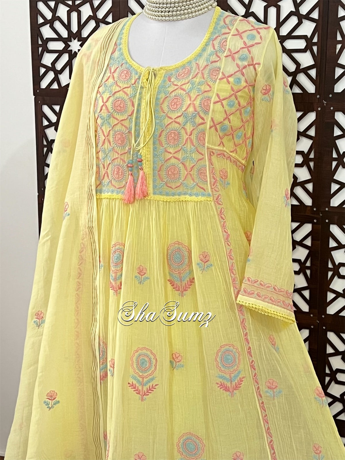 Lemon Yellow Mul Chanderi Peshwaz with Multi Colour Chikankari