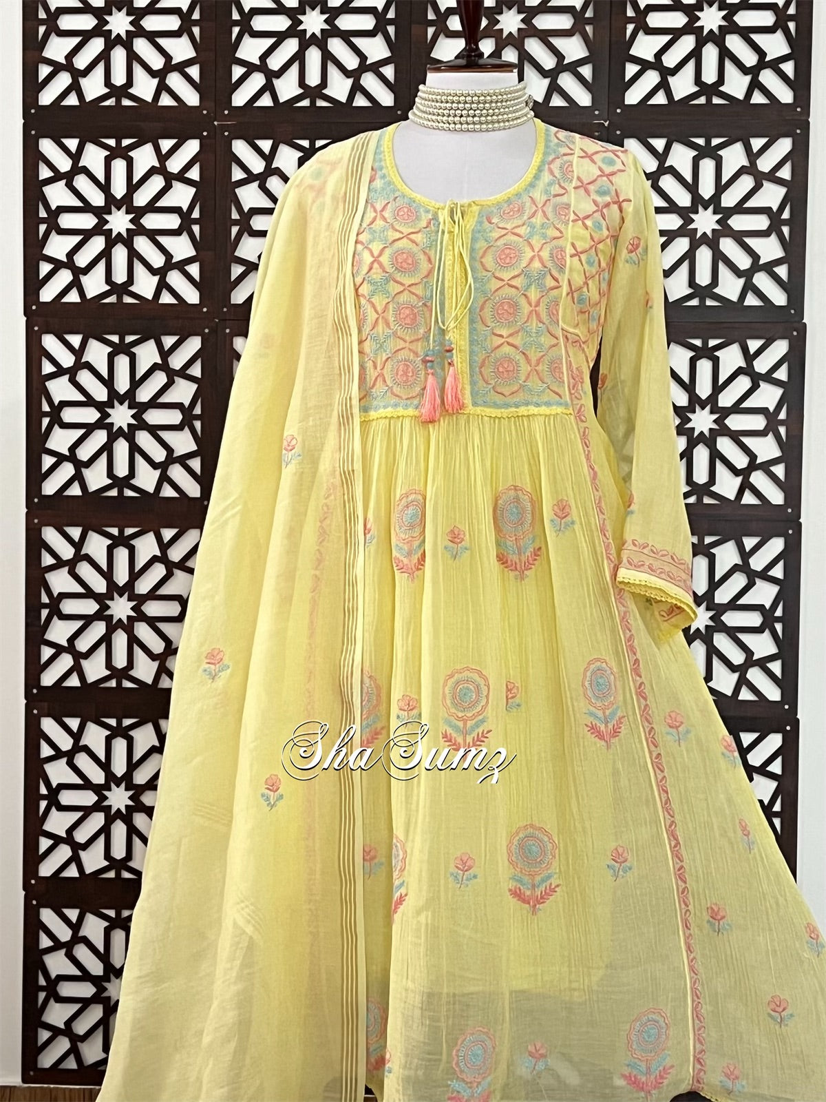 Lemon Yellow Mul Chanderi Peshwaz with Multi Colour Chikankari