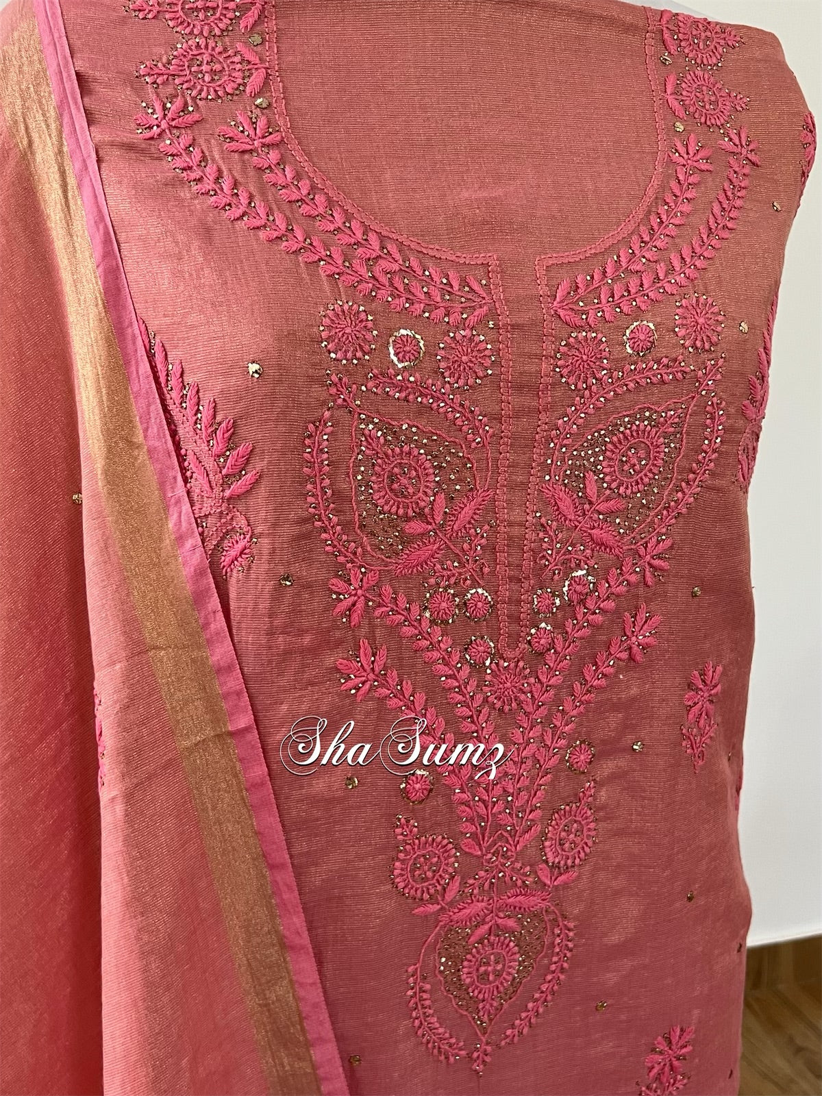 Carrot Pink Tissue Chanderi Silk Suit