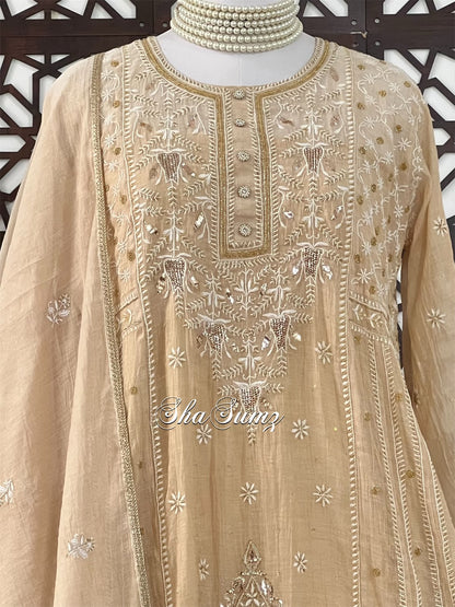 Pure Tissue Chanderi Anarkali with Chikankari & Mukaish Haath Jaali.